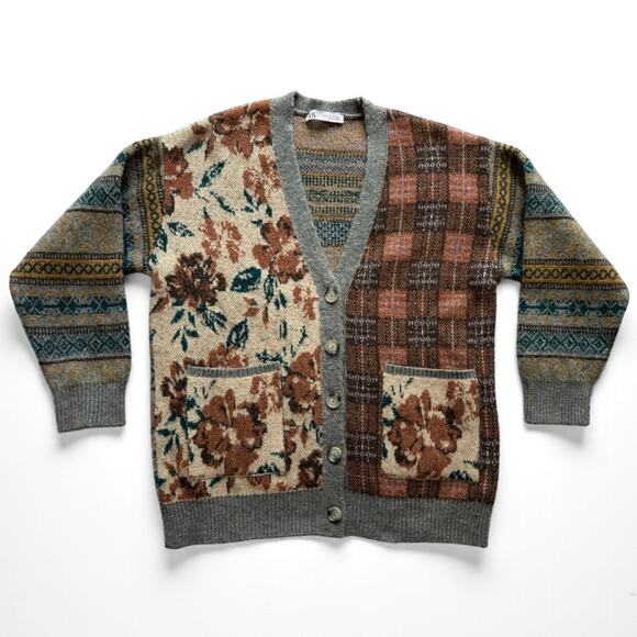 Zara Patchwork Grandpa Brown Floral Sweater Oversized Cardigan Wool Blend Small - Picture 3 of 12